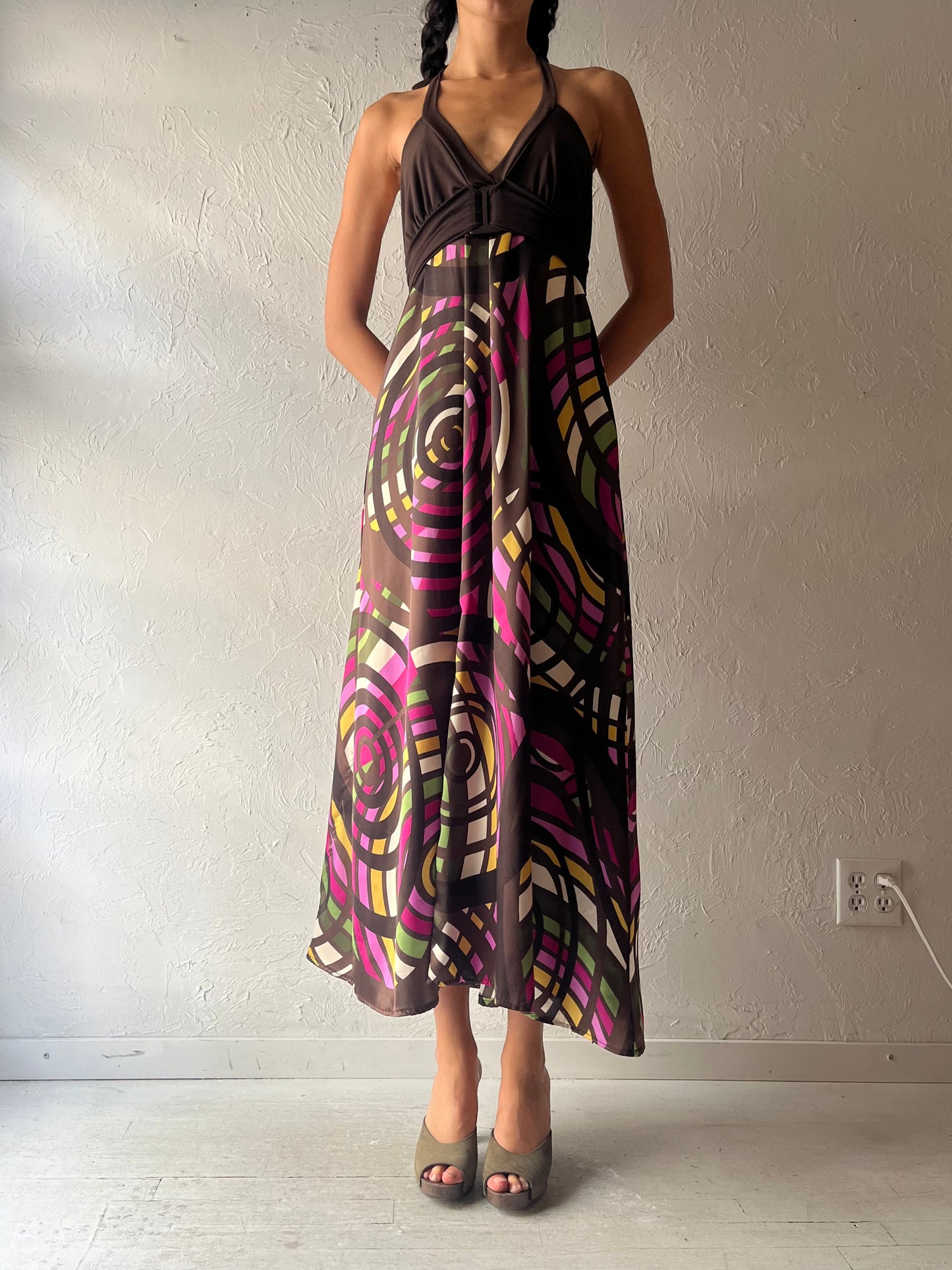 Y2k 'Candies' Silky Patterned Halter Dress / Medium