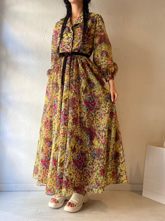 70s 'Futura Couture' Green Long Sleeve Maxi Dress / Small