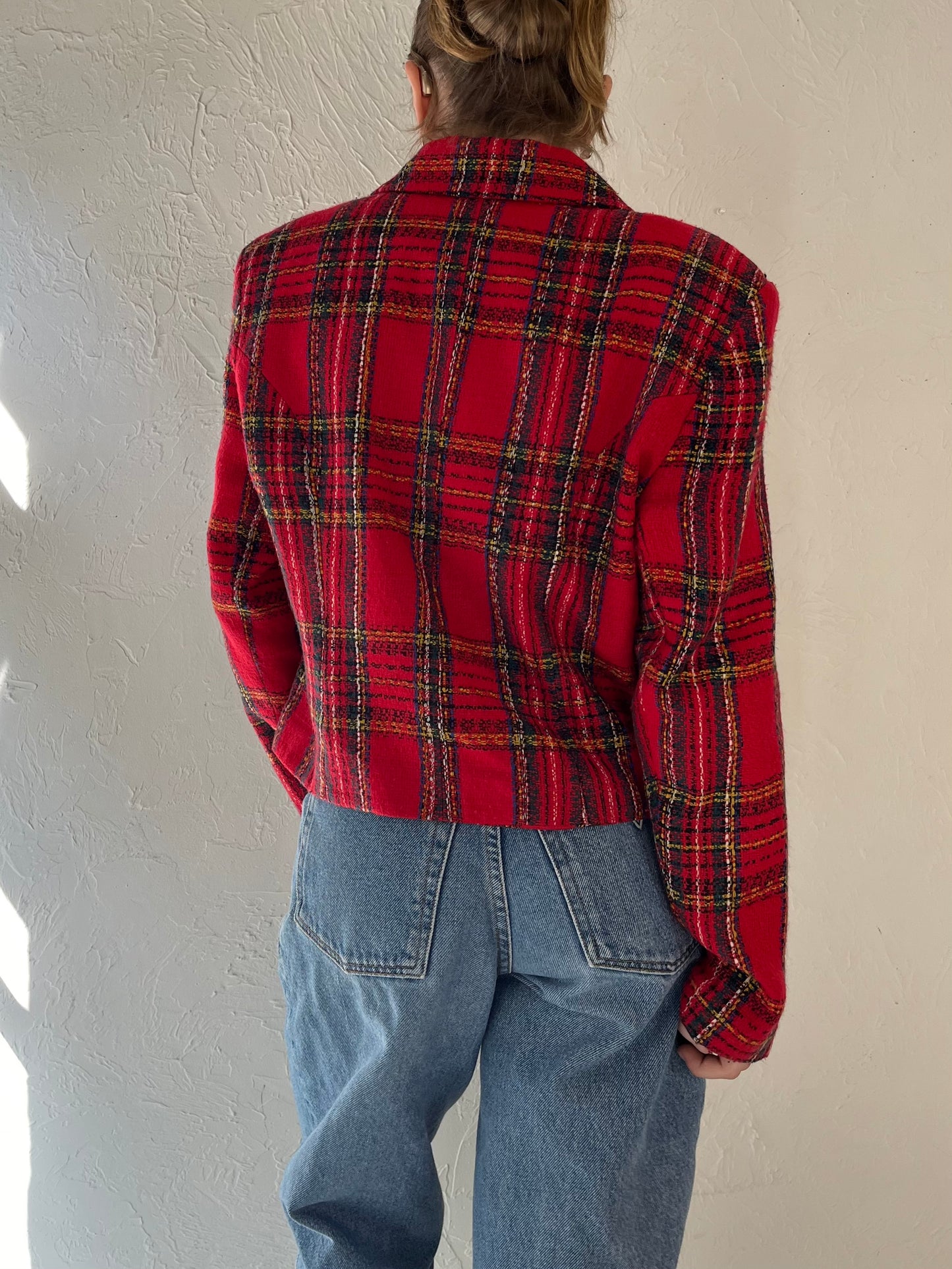 90s 'Lori Ann' Red Plaid Blazer Jacket / Medium