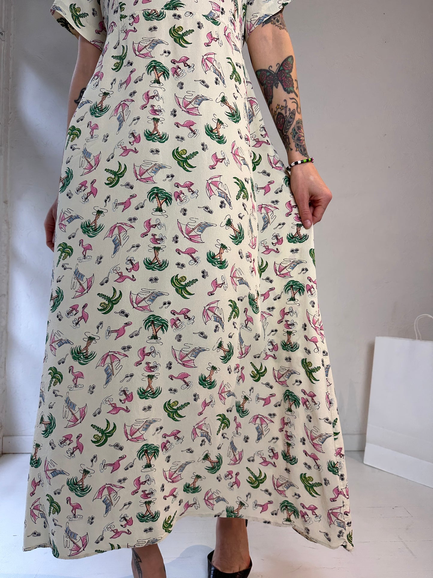 90s 'Kamellia' Flamingo Print Dress / Medium