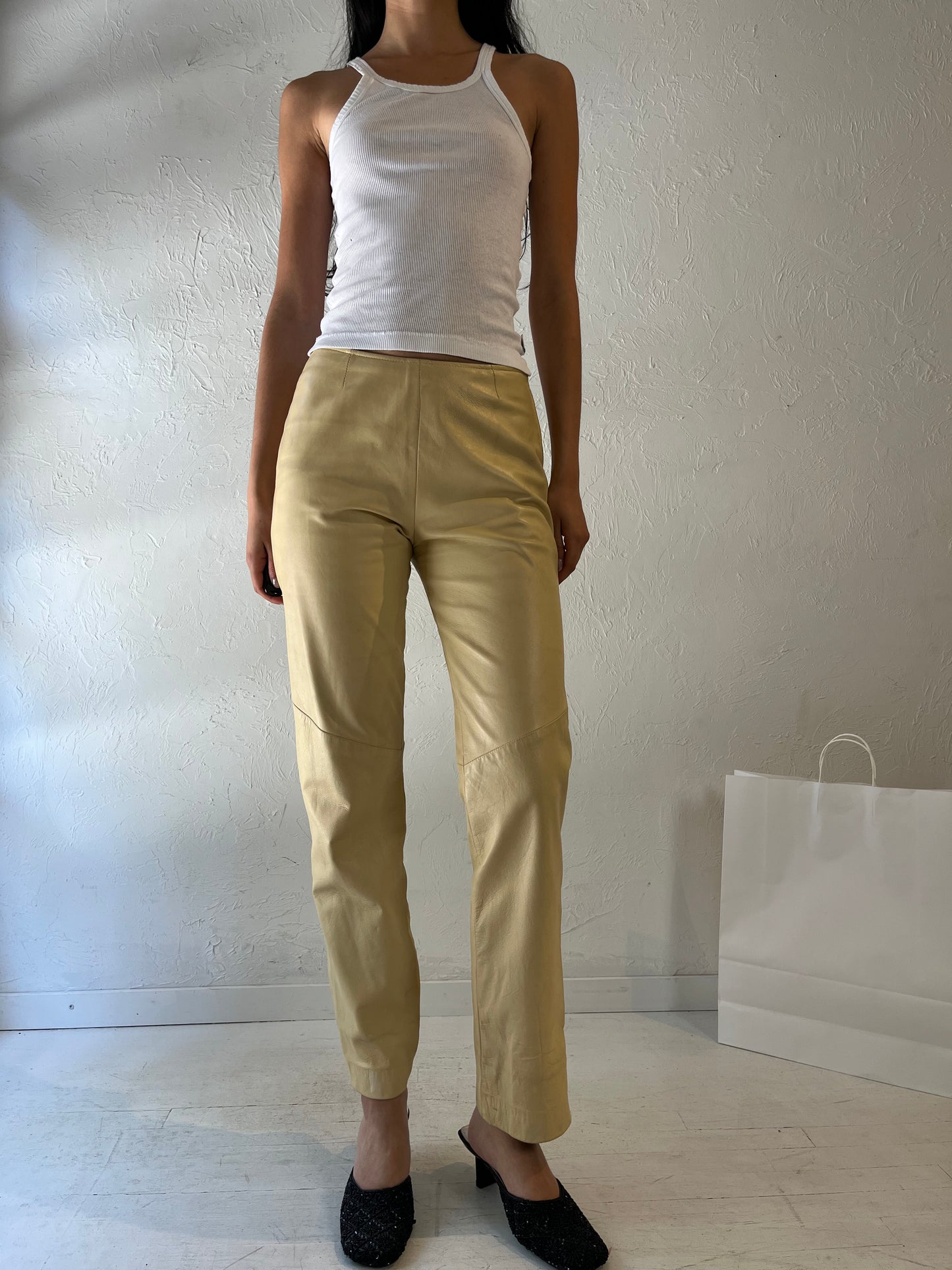 90s 'Danier' Beige Leather Pants / Small - Medium