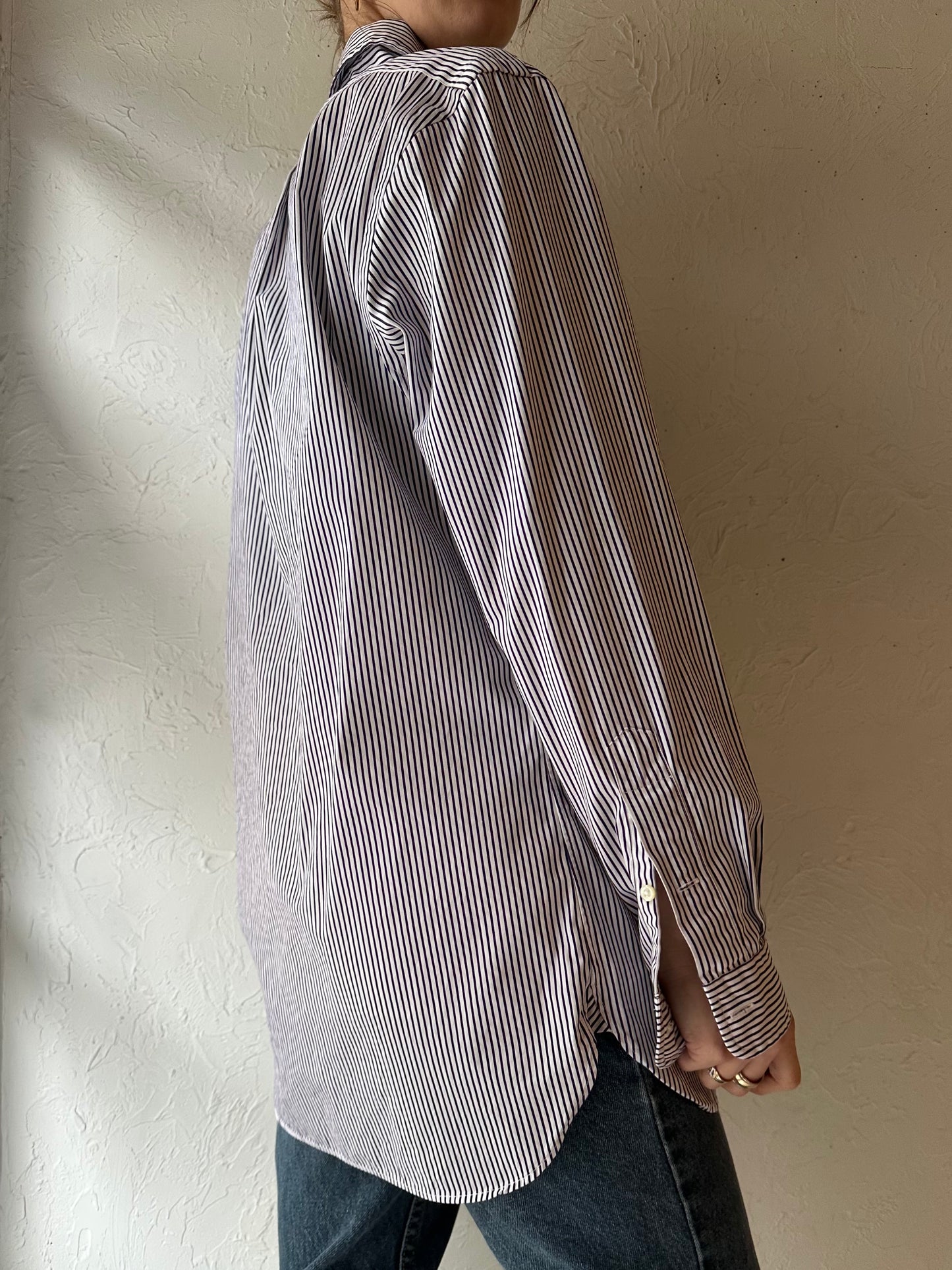 Y2k 'Ralph Lauren' Blue Striped Cotton Dress Shirt / Medium