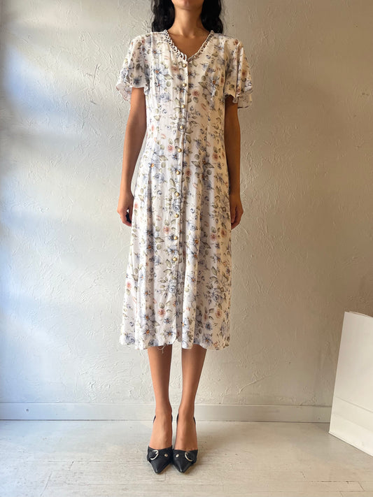 90s 'Jessica' White Floral Button up Maxi Dress / Large