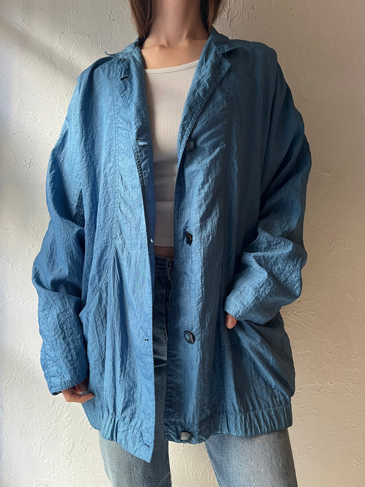 90s 'London Towne Blue Crinkle Retro Oversized Minimalist Lightweight Jacket / Medium