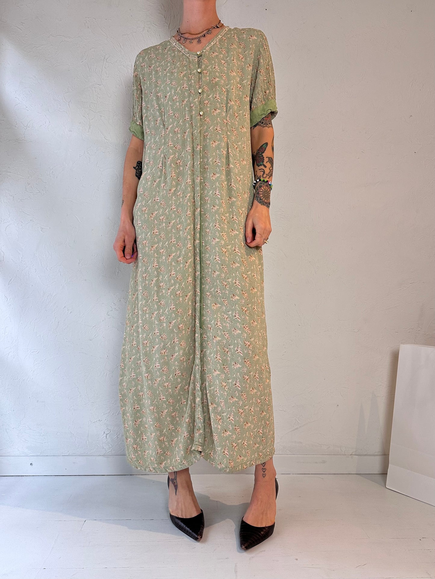 90s 'April Cornell' Green Floral Print Rayon Maxi Dress / Large
