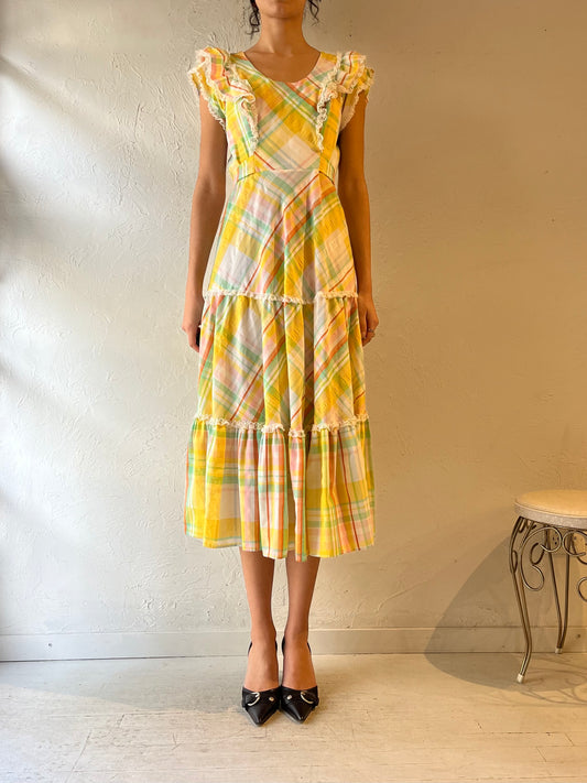 70s ‘Le Voys’ Rainbow Plaid Peasant Midi Dress / Small