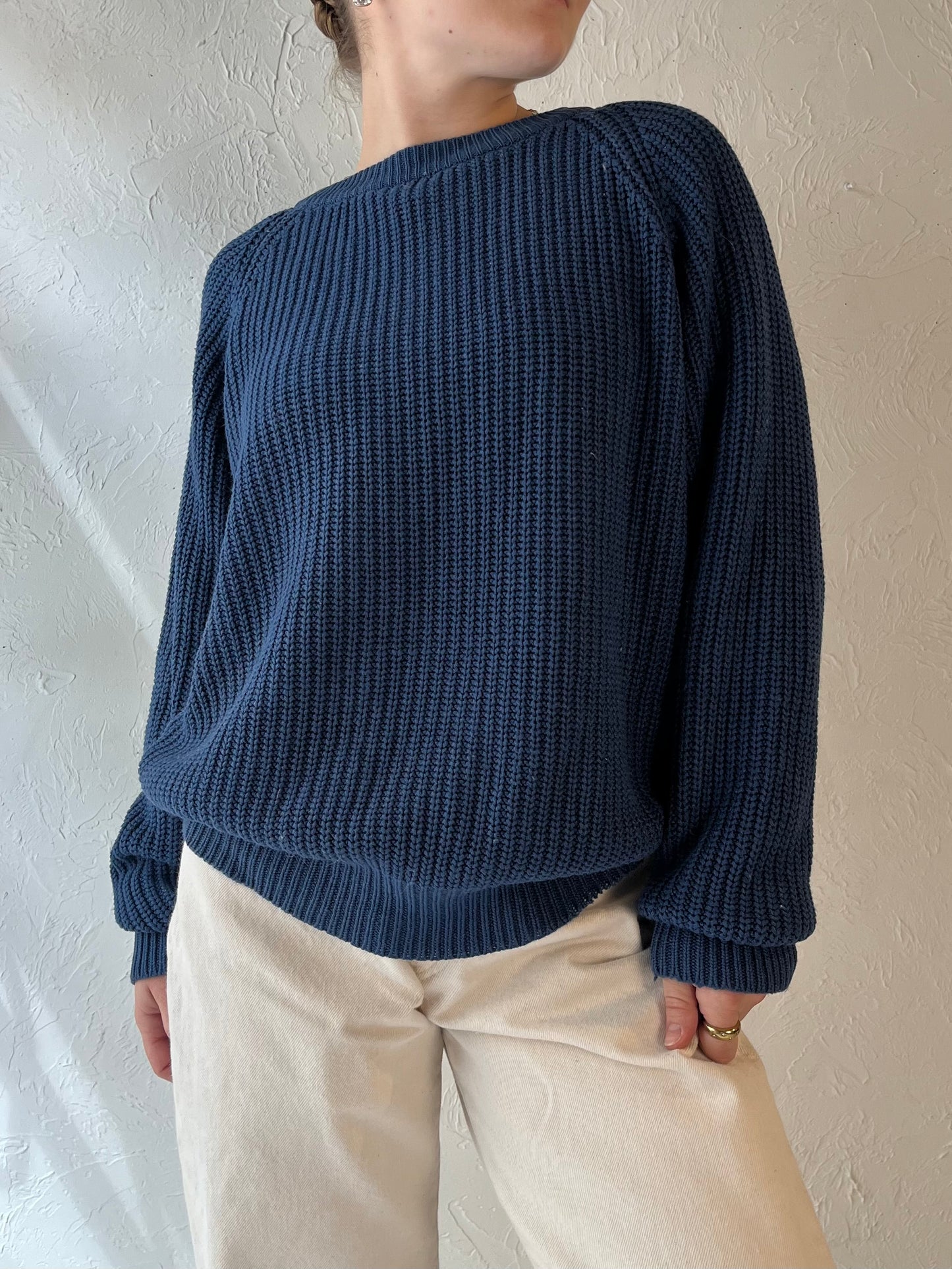 90s 'Club Europe' Blue Acrylic Knit Sweater / Medium