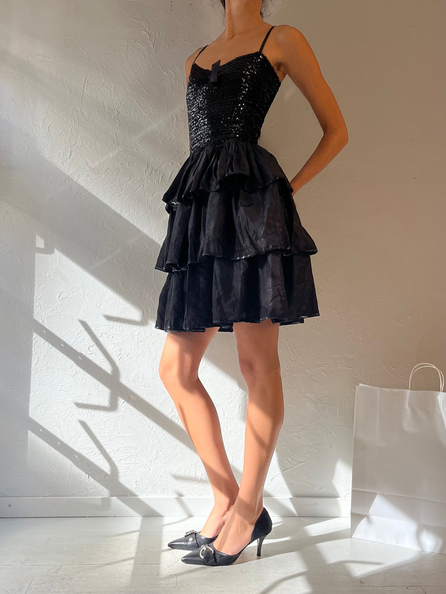 90s Black Sequin Ruffle Party Dress / Small