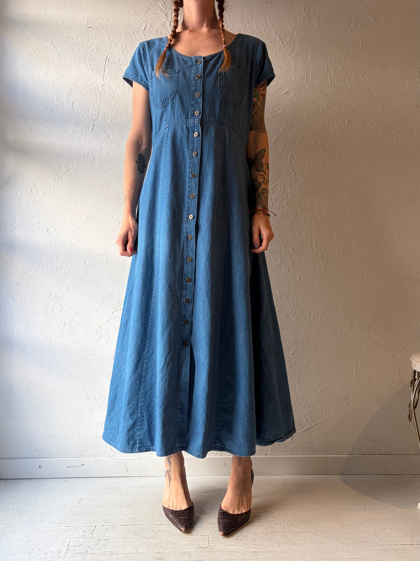 90s 'East West' Button Up Denim Maxi Dress / Medium