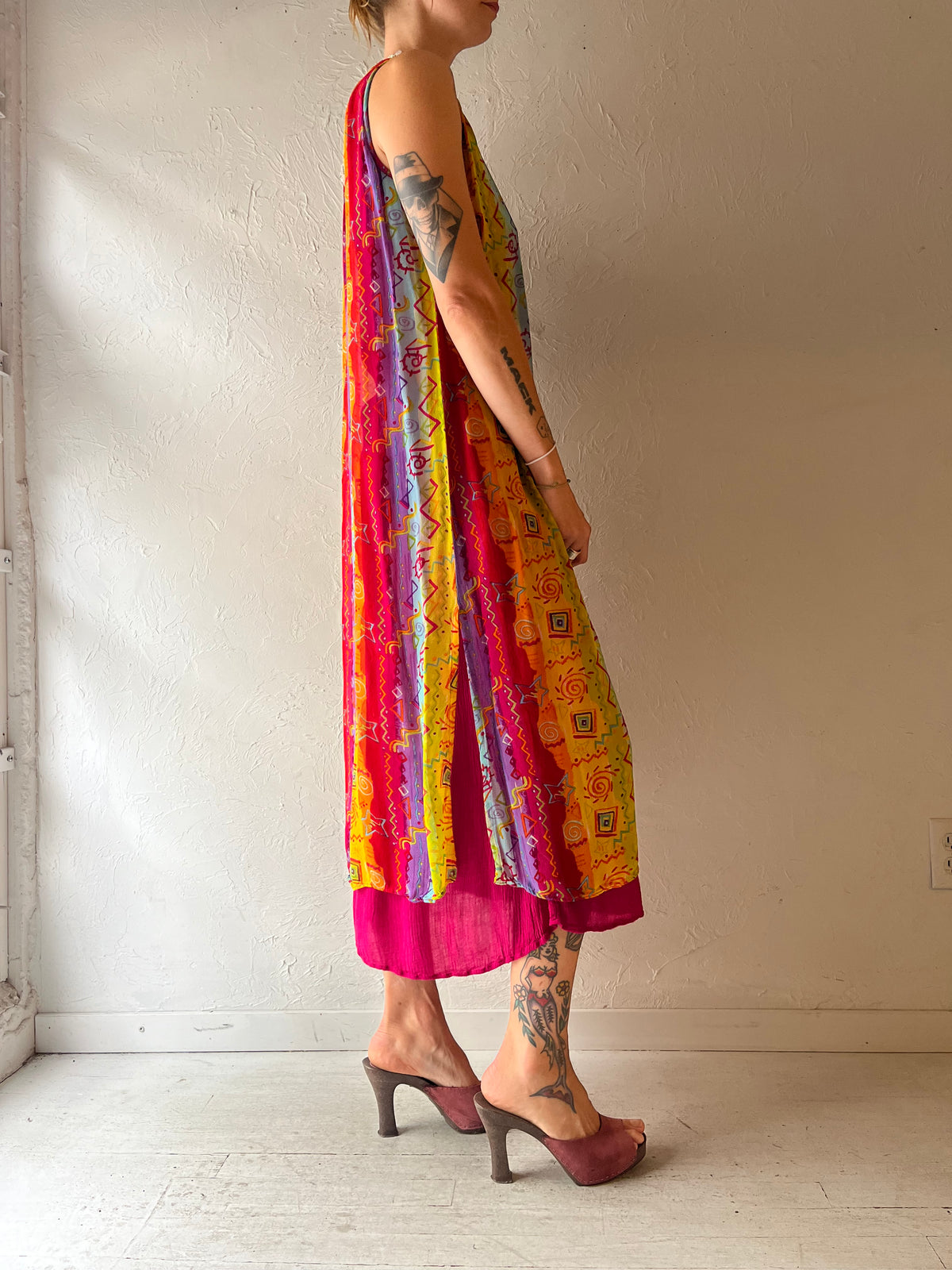 90s 'Papa' Rainbow Rayon Hippie Maxi Dress / Large