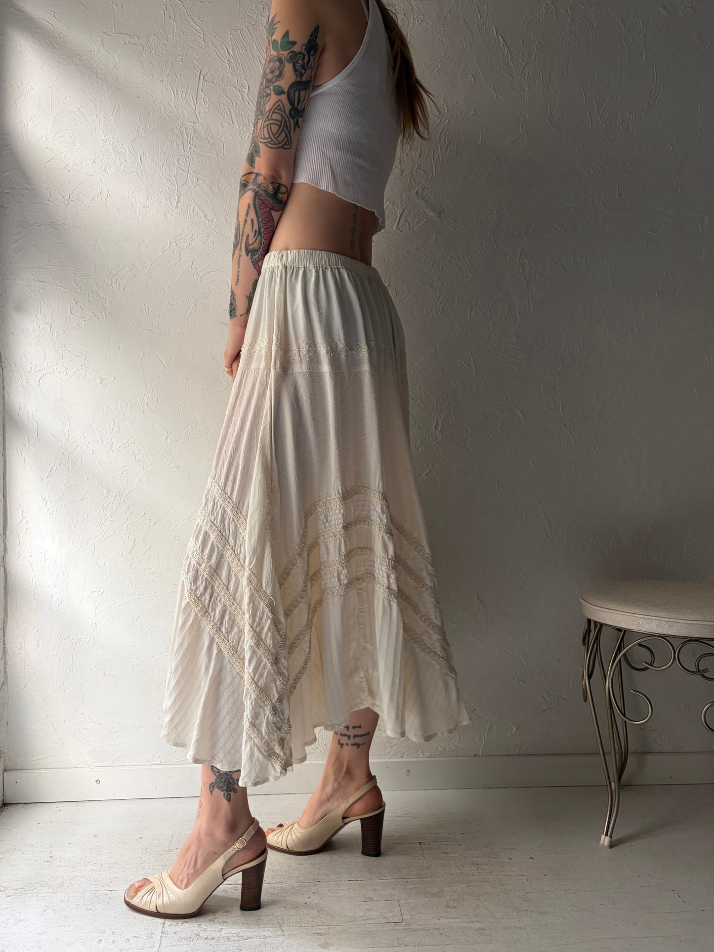 90s 'Papa' White Skirt Rayon Maxi Skirt / Medium