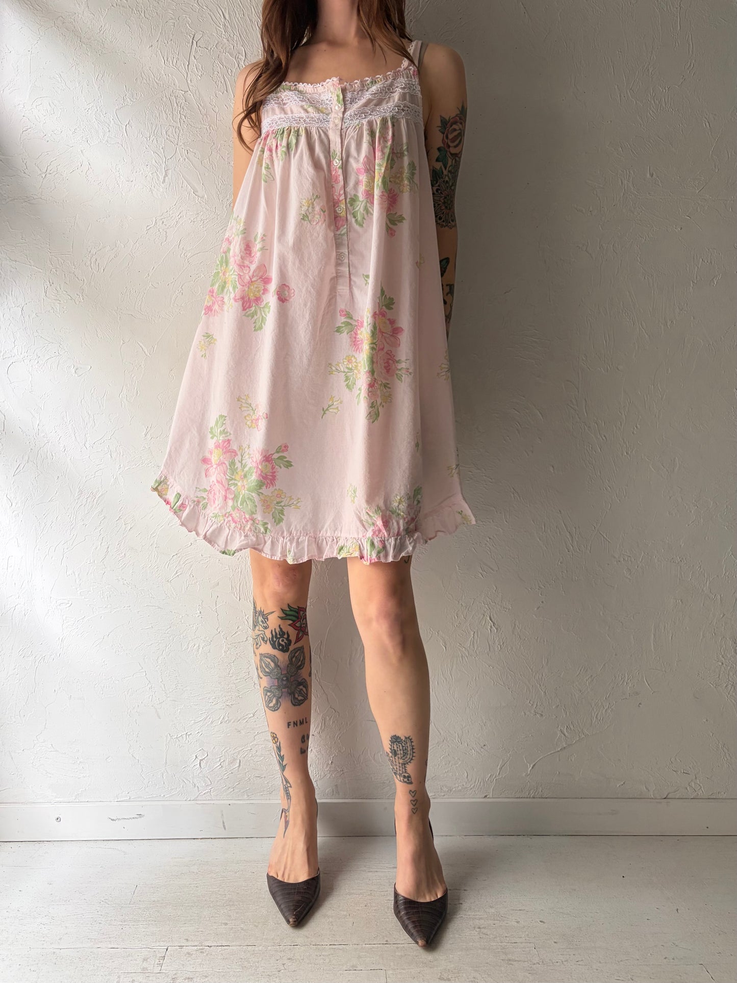 90s 'Erika Taylor' Pink Floral Print Cotton Mini Dress / Large