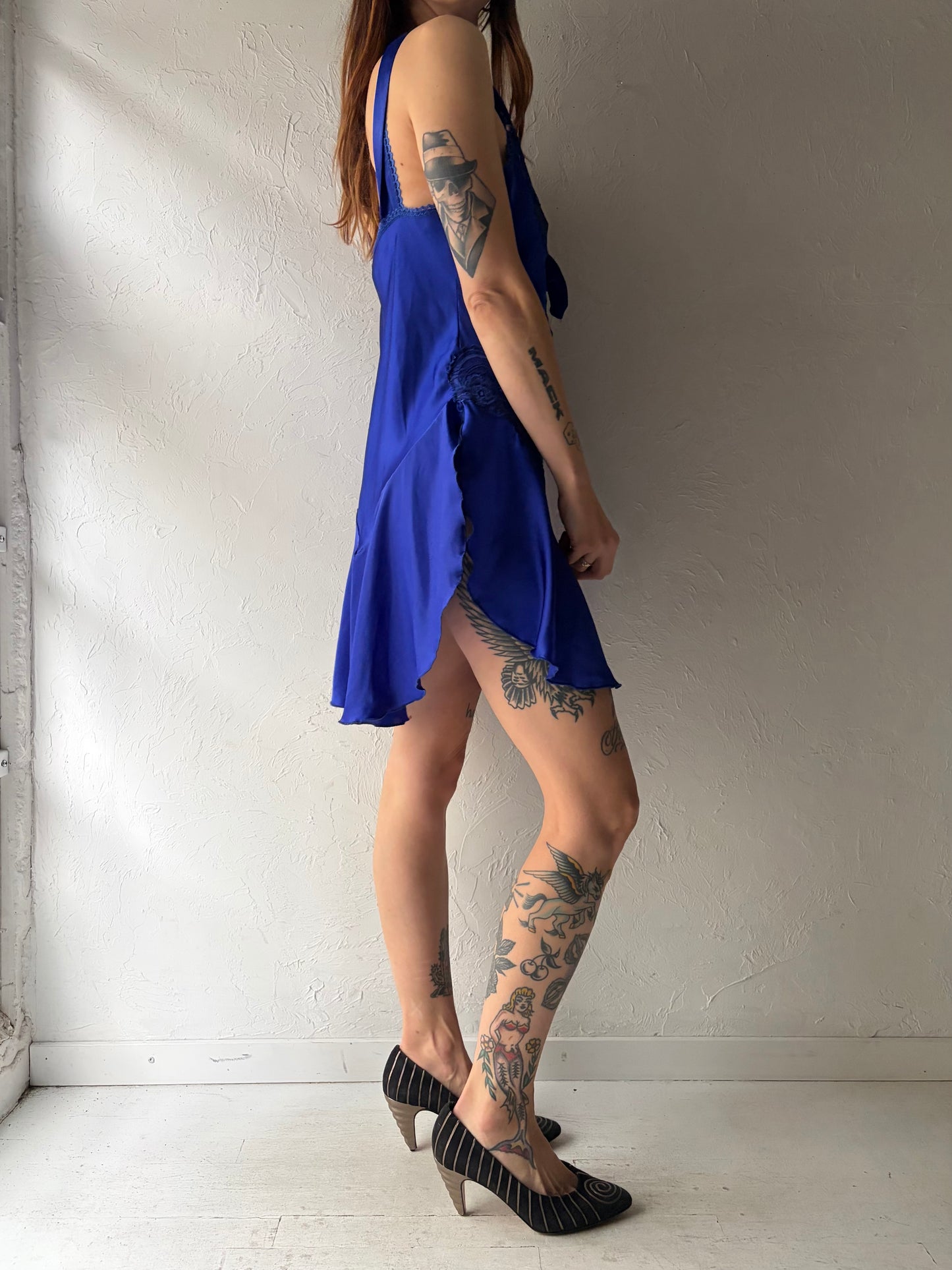 90s 'Ashley Taylor' Vintage Romantic Blue Lingerie Slip Mini Dress / Medium