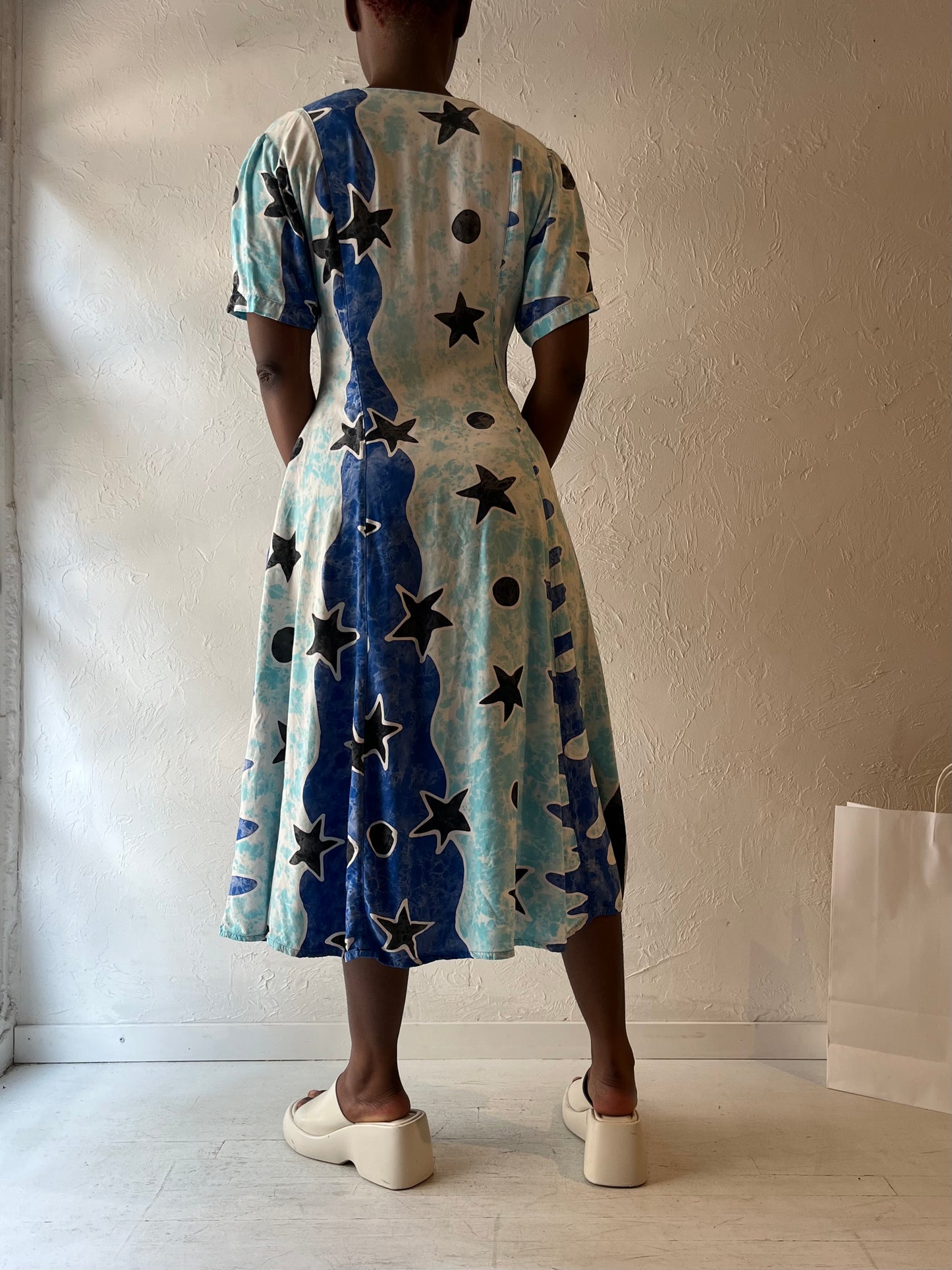 90s 'Yaya' Bue Patterned Rayon Dress / Small - Medium