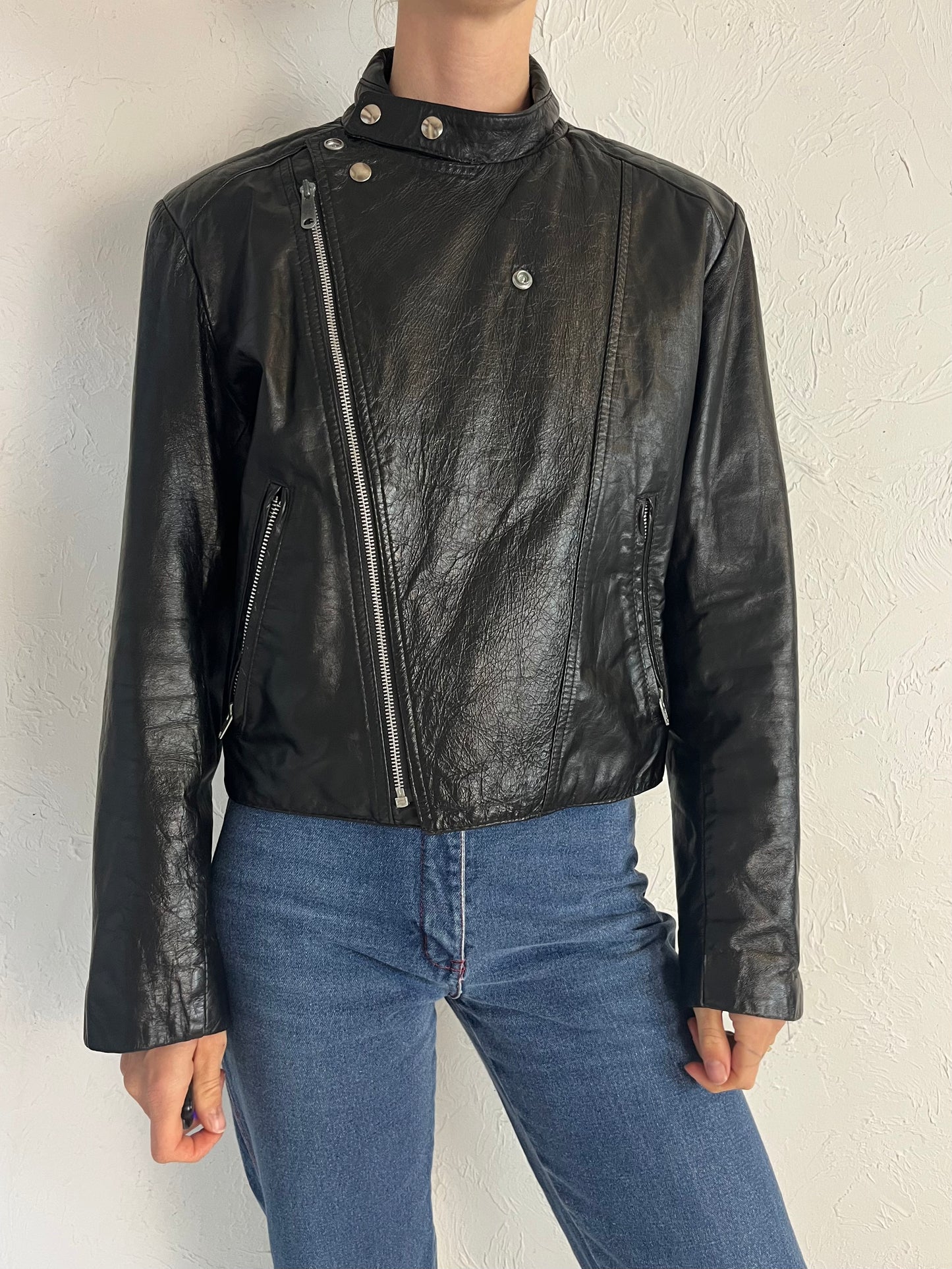 90s 'Skins' Black Leather Moto Jacket / Medium