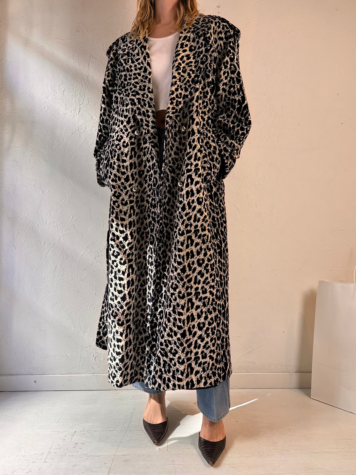 70s 'Towne House' Leopard Print Trench Coat / Medium - Large