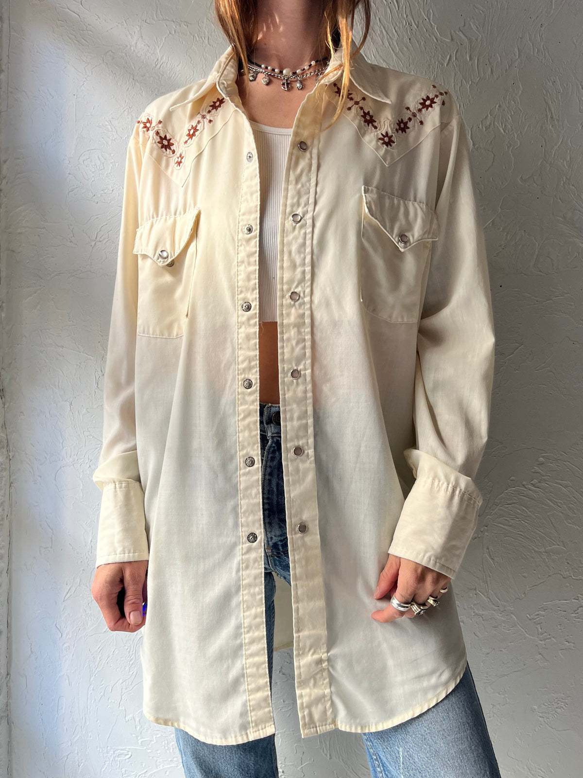 Y2k 'MWG' Cream Embroidered Western Cowboy Workwear Snap Up Shirt / Large
