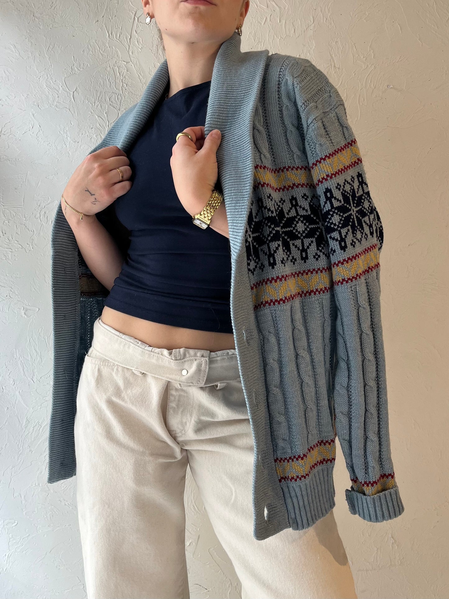 80s 'Kentfield' Blue Knit Cardigan Sweater / Medium