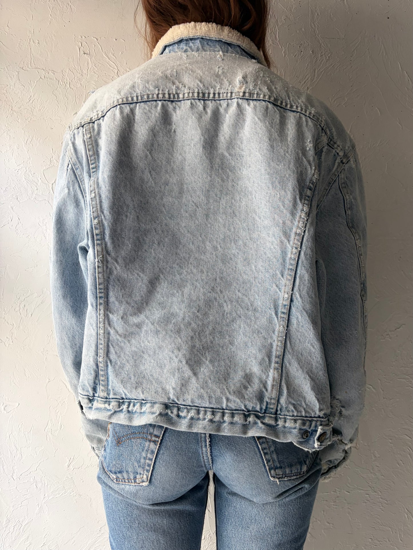 70s 'Levis' Faux Shearling Lined Light Wash Denim Jacket / Large