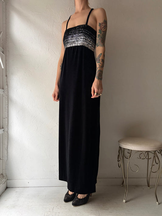 90s 'Lori Ann' Black Sequin Velvet Formal Dress / Small - Medium