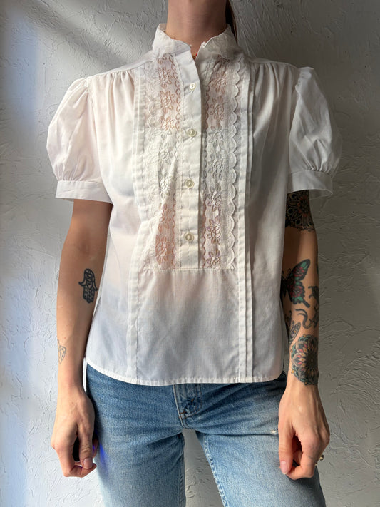 80s White Lace Button up Blouse / Medium