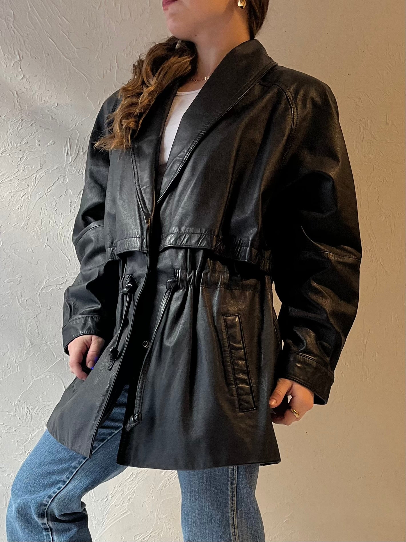 90s 'Wilsons' Black Leather Drawstring Jacket / Medium