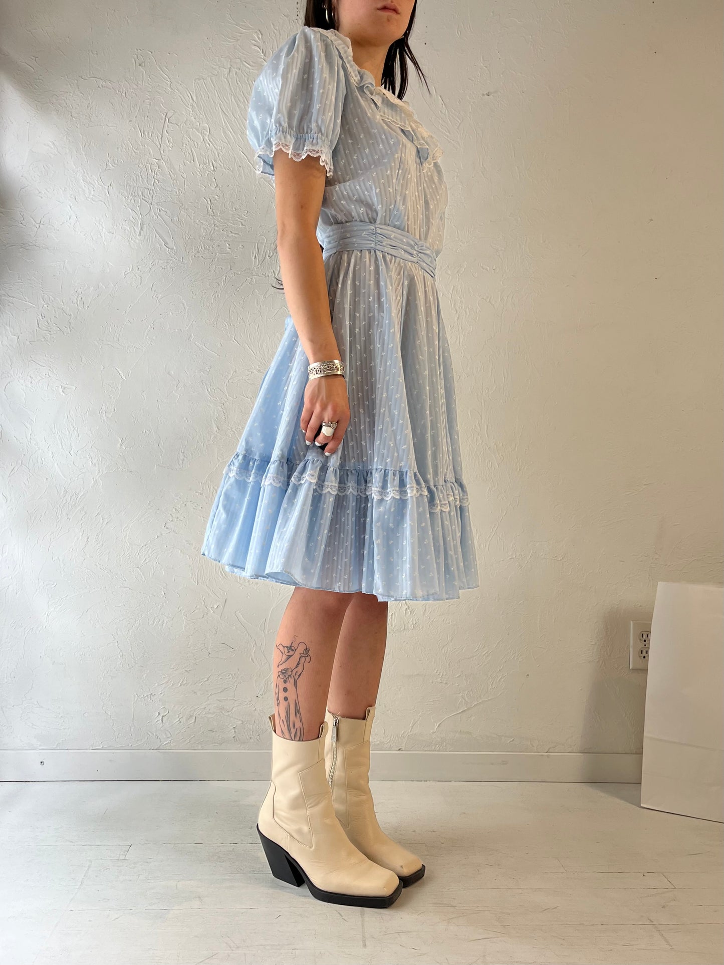 Vintage Handmade Blue Puff Sleeve Prairie Dress / Small