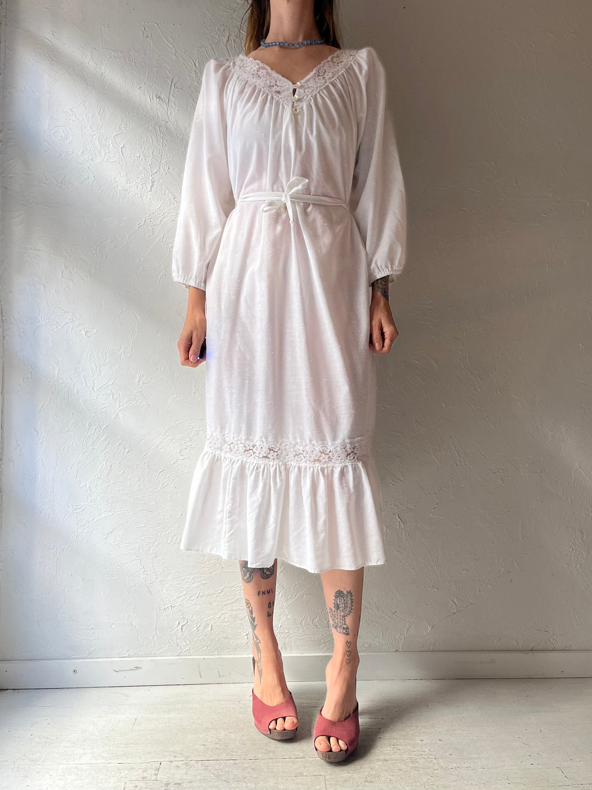 70s 'Sears' White Romantic Boho Western Prairie Cottagecore Midi Summer Dress / Medium