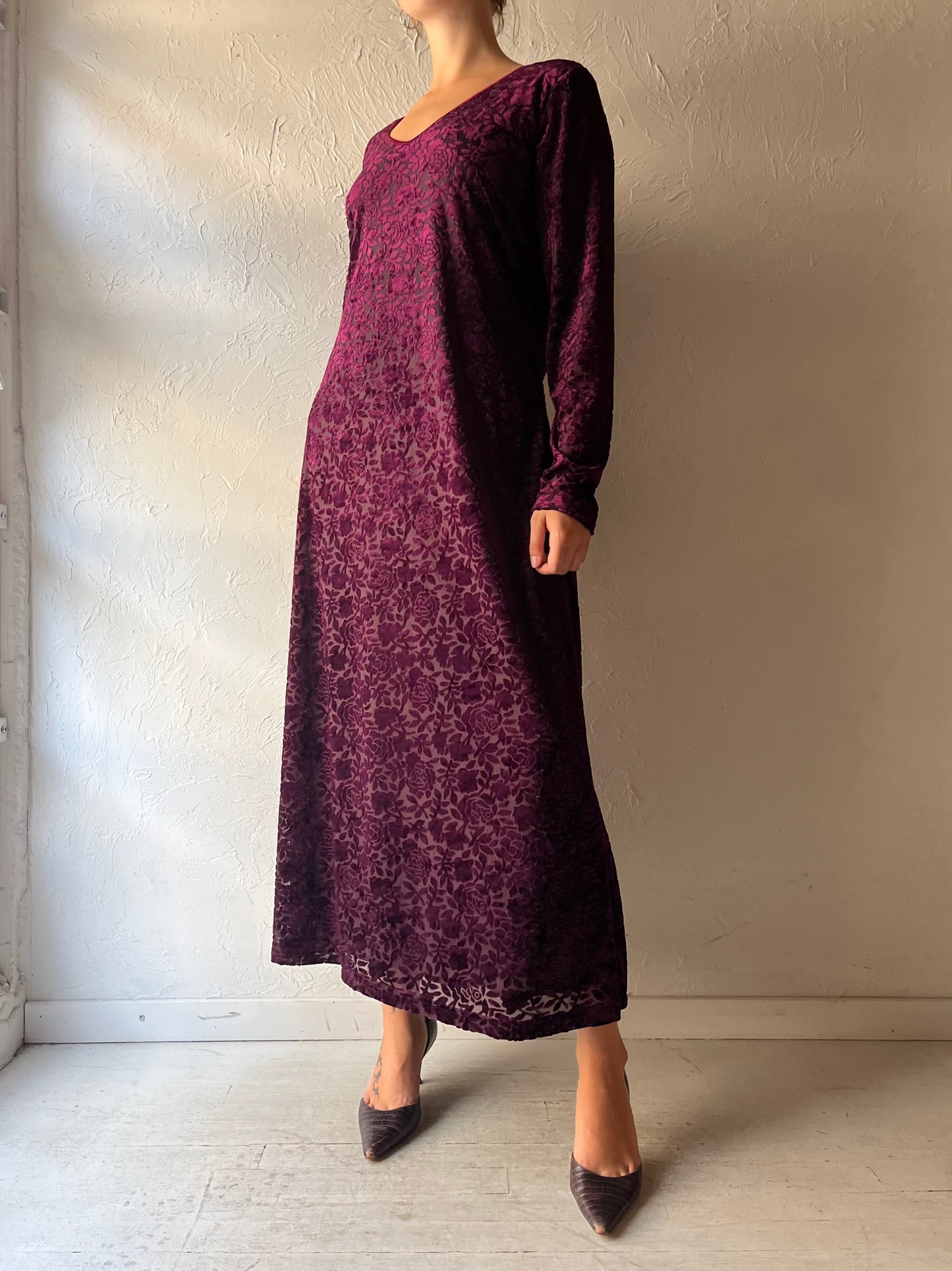 90s 'Moda Intl' Burgundy Burnt Velvet Maxi Dress / Large