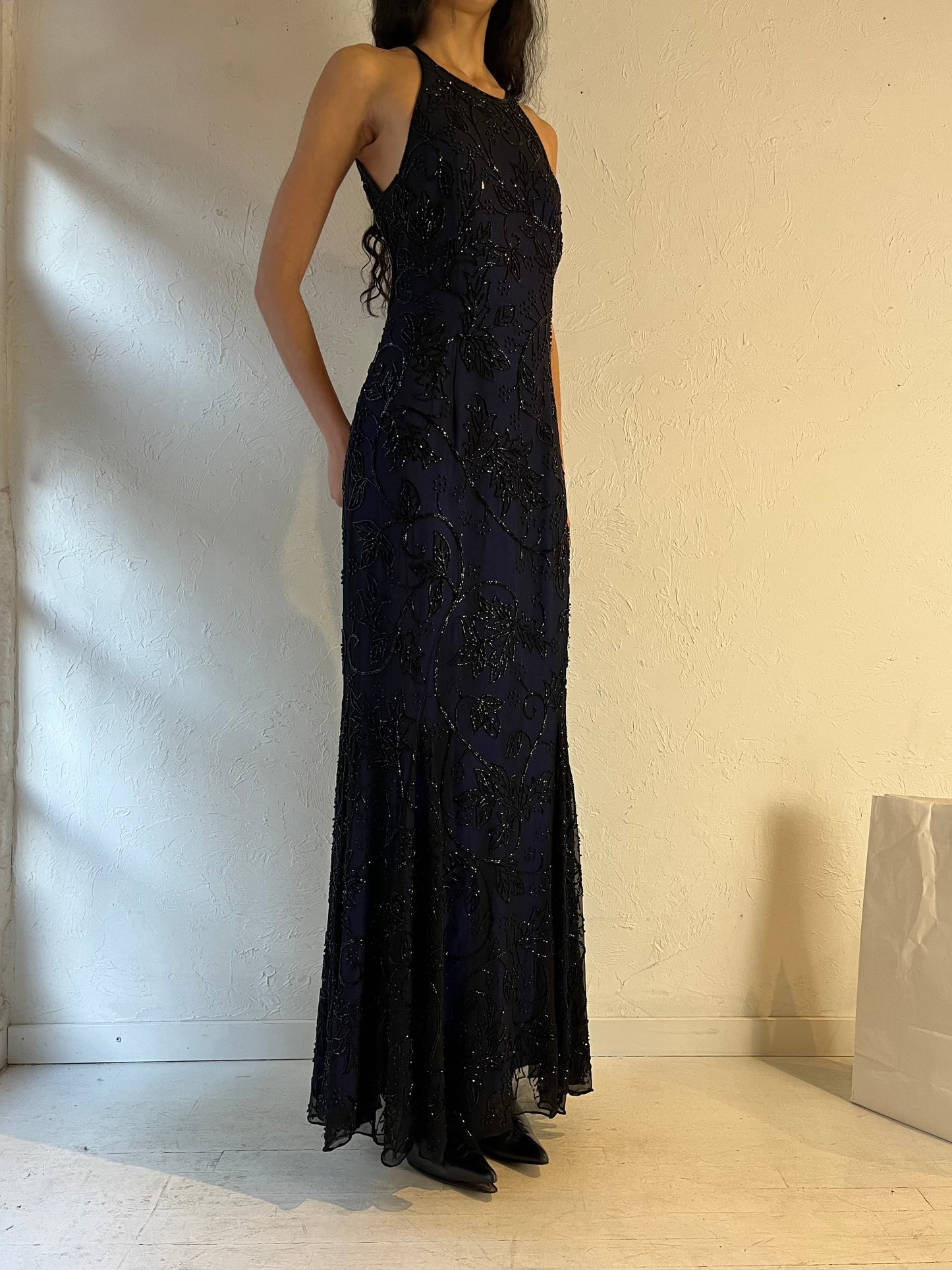 Y2K ‘Sean Collection’ Navy Blue Beaded Formal Dress / Large