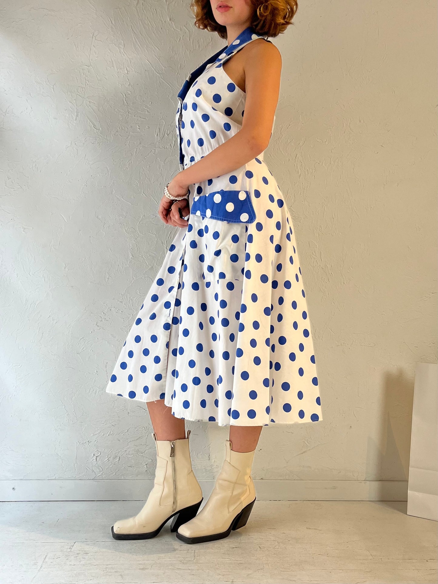 Y2k Collared Polka Dot Midi Dress / Large