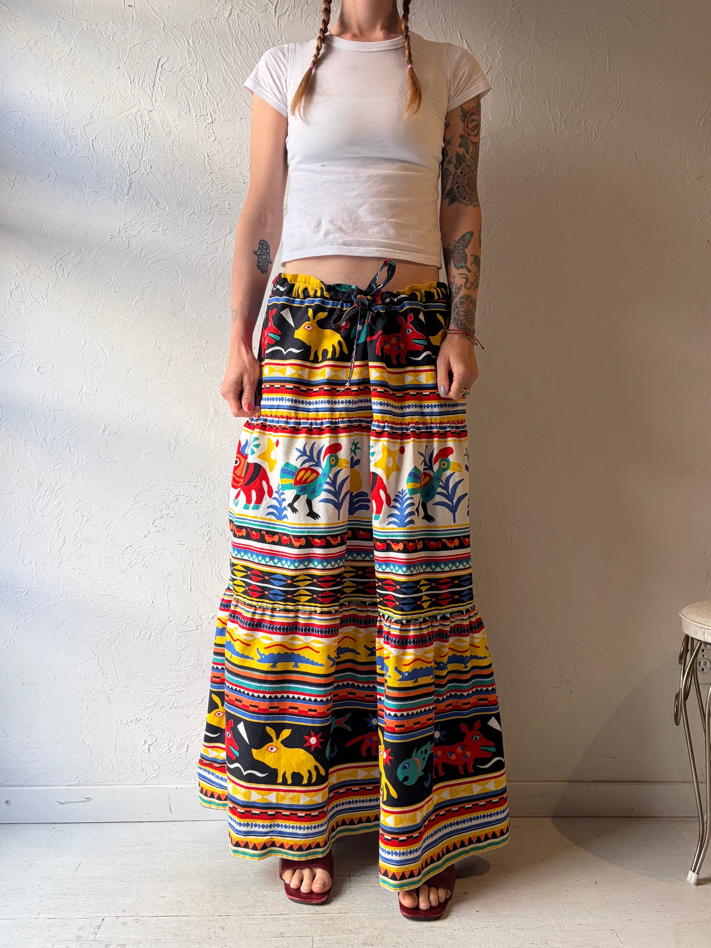 70s Novelty Print Retro Maxi Skirt / Large