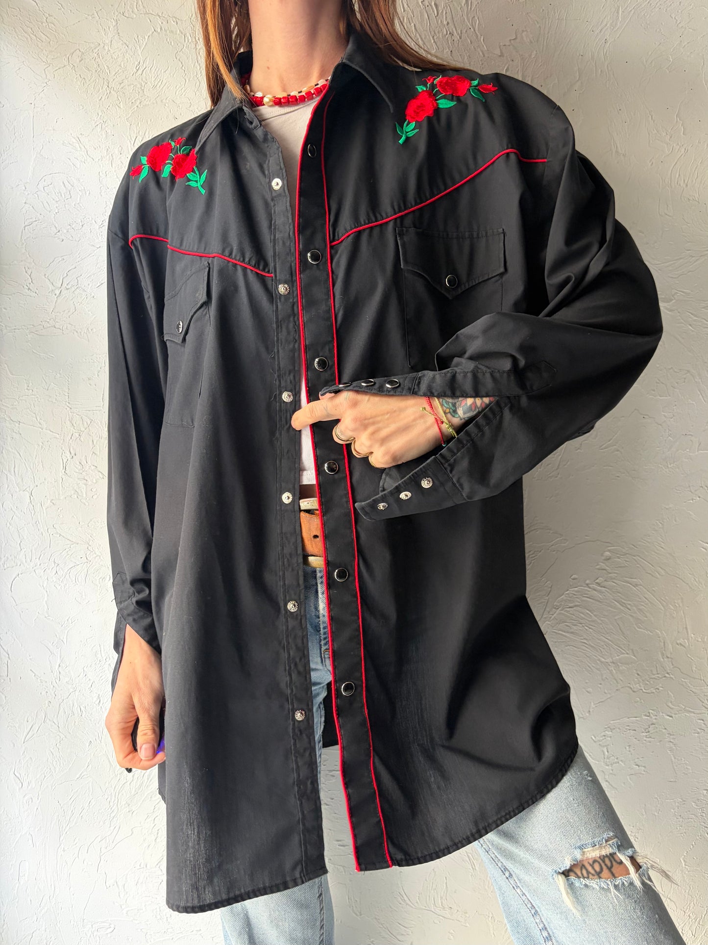 Vintage 'Ash Creek' Rose Embroidered Black Western Shirt / Large