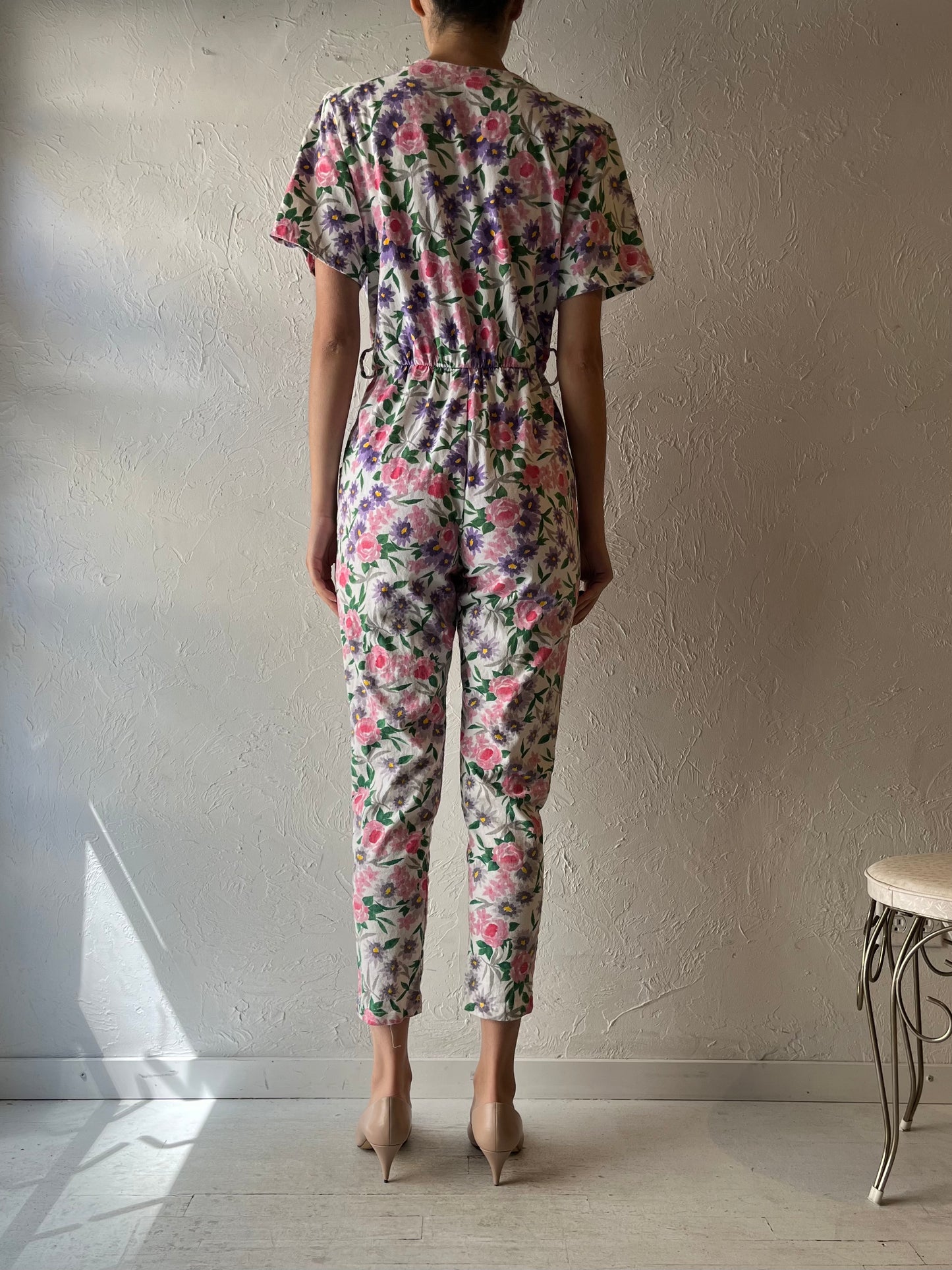 80s 'Bridge' Cotton Floral Retro Boho Jumpsuit / Vintage 1980s Cottagecore Summer One Piece / Small - Medium