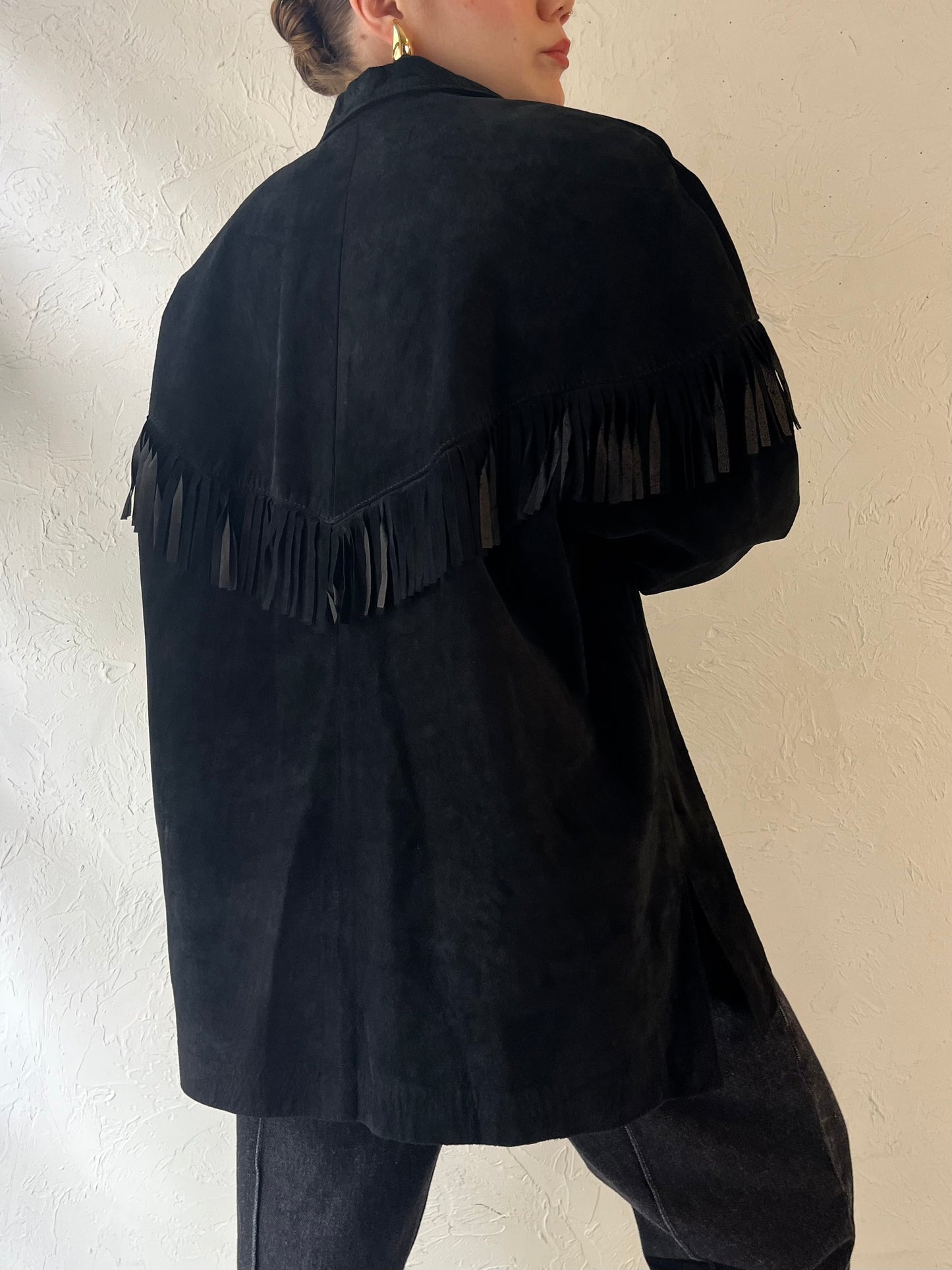 90s 'Danier' Black Suede Fringe Pullover Jacket / Large