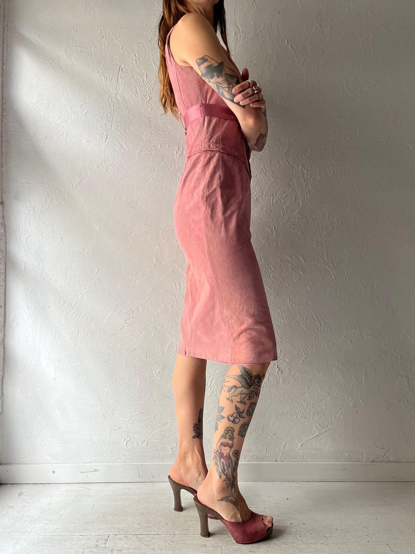 90s 'Danier' Pink Suede Fitted Sleeveless Fall Dress / Small