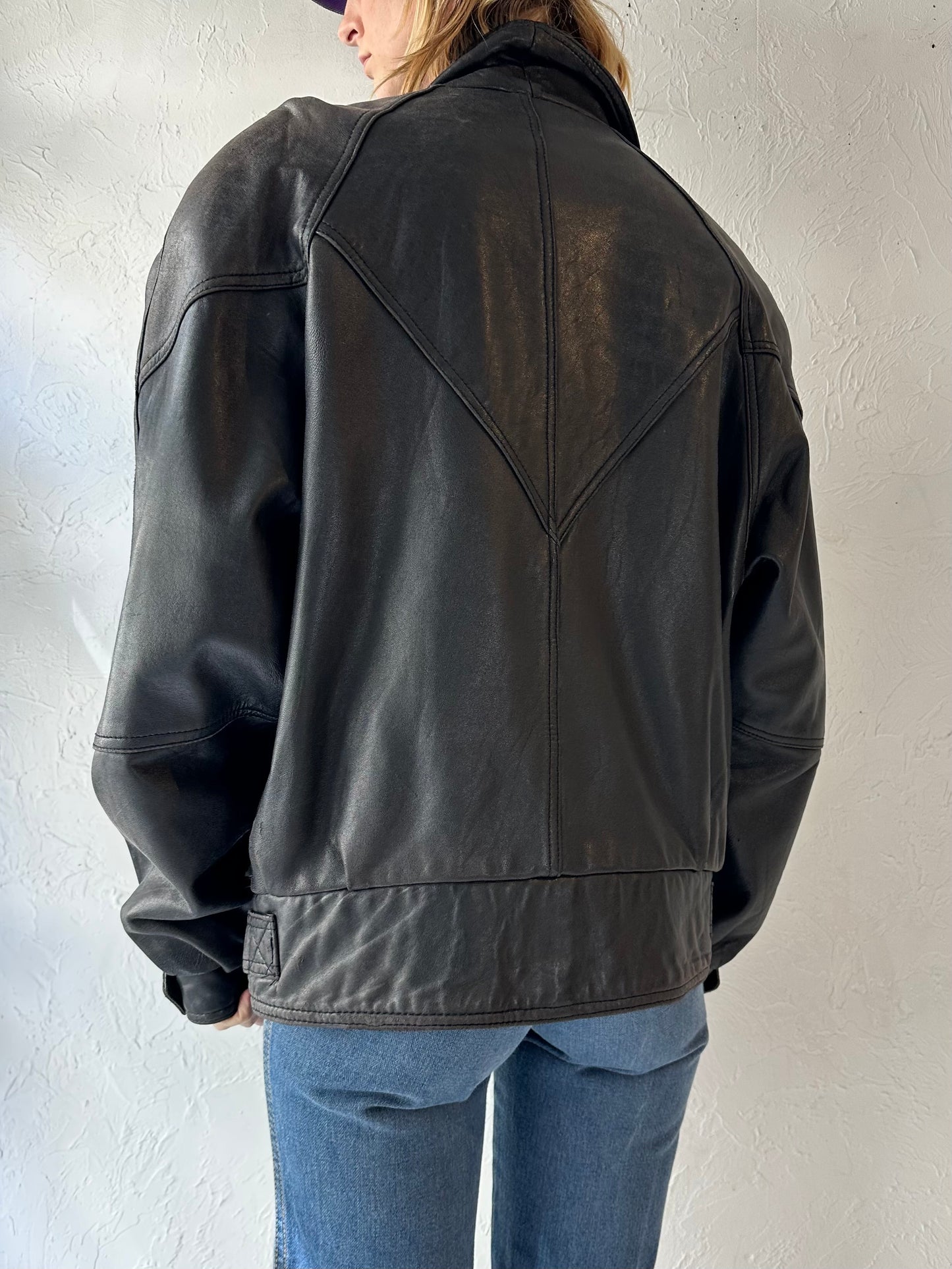 90s Black Leather Bomber Jacket / Medium