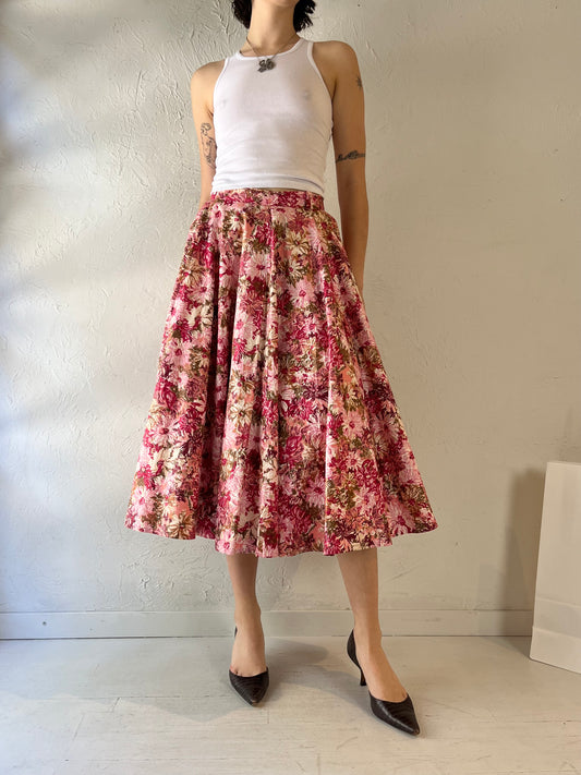 Vintage Handmade Pink Floral Midi Skirt / Small