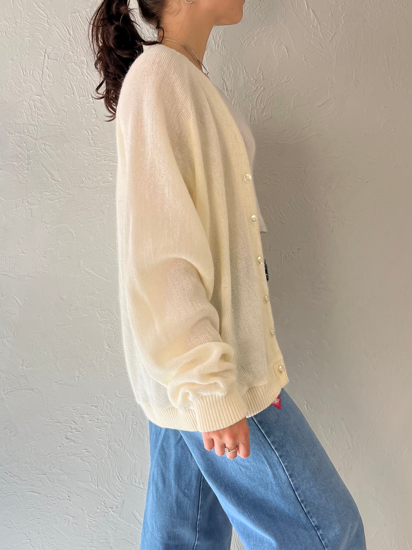 90s 'Jantzen' White Acrylic Mohair Cardigan Sweater / Medium