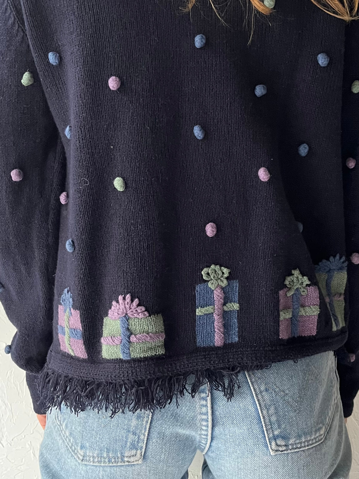 Y2k 'Christopher & Banks' Navy Gift Box Embroidered Whimsical Grannycore Christmas Cardigan Sweater / Medium