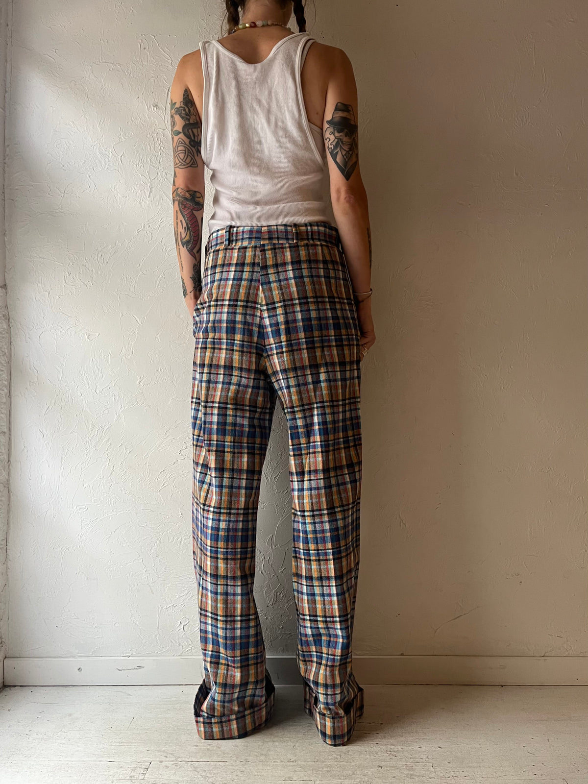 70s 'Mac Queen' Blue Plaid Knit Wide Leg Pants Retro Preppy Academia Flare Trousers / Medium