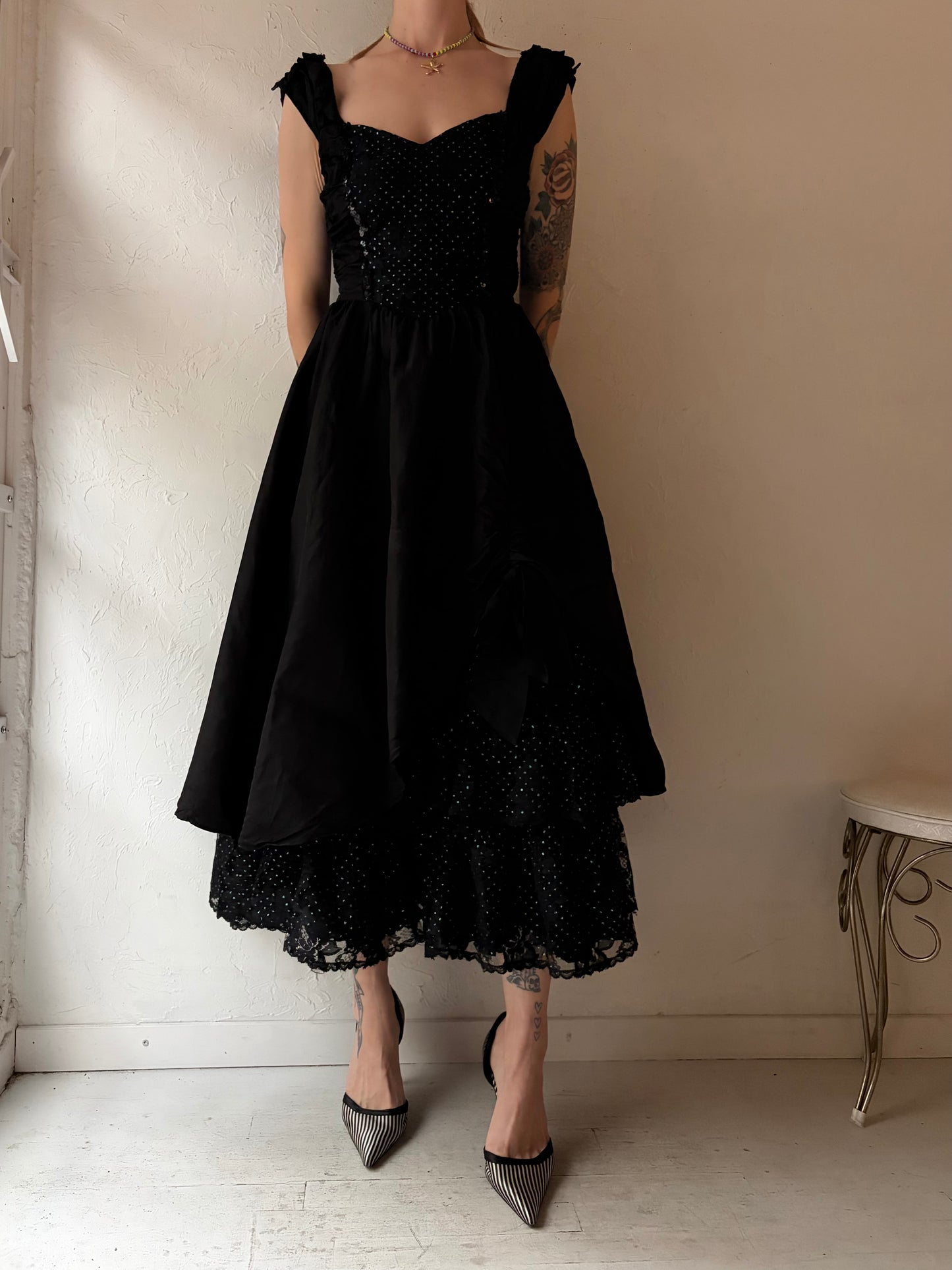 80s 'Gunne Sax' Black Sequin Formal Gown / Small