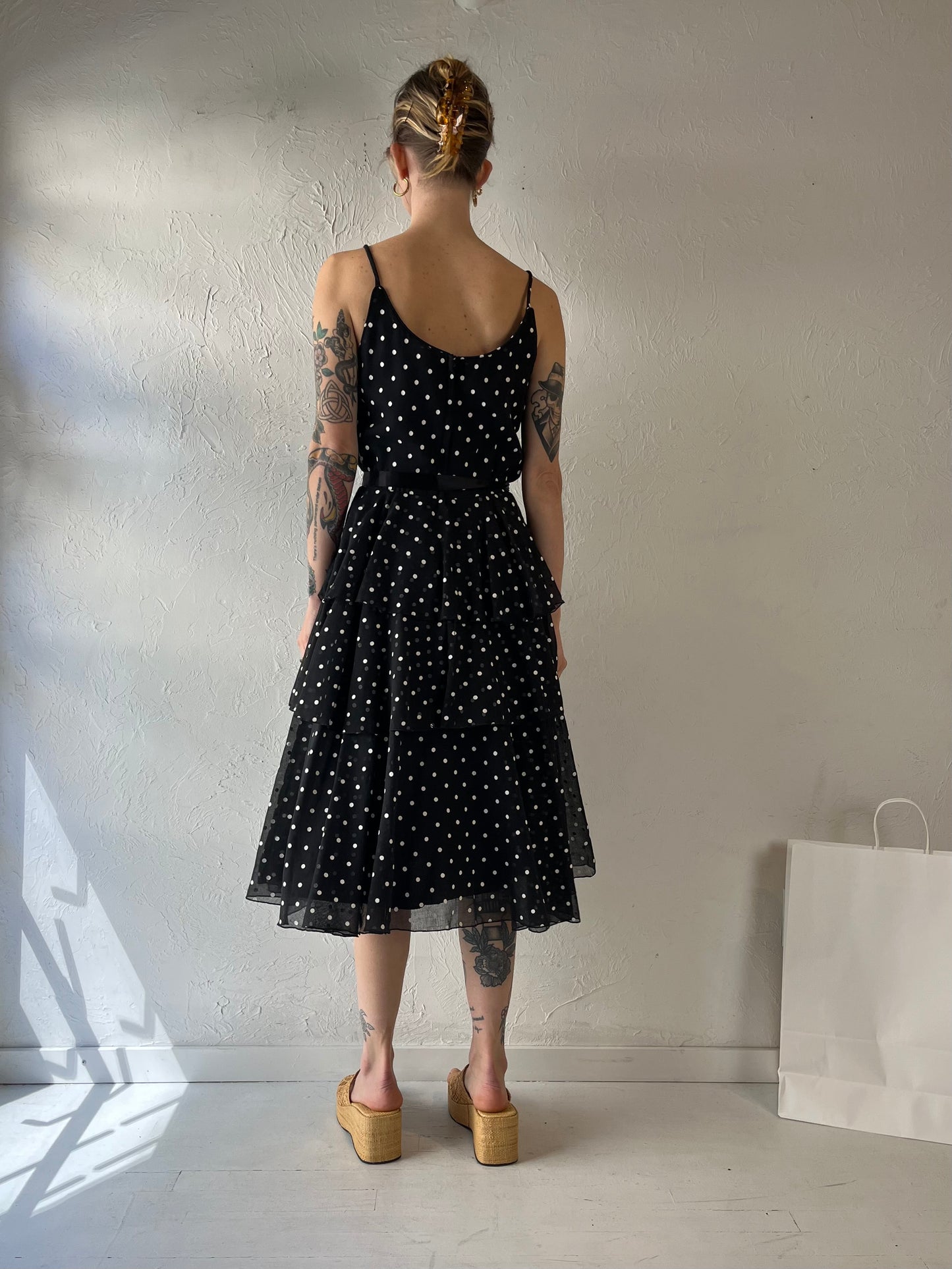 90s 'JB' Black Polka Dot Ruffle Dress / Small