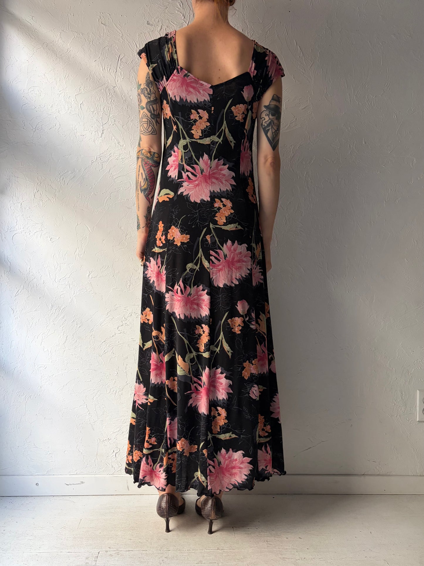 Y2k 'Zizi' Black Floral Fitted Goth Core Maxi Summer Dress / Medium