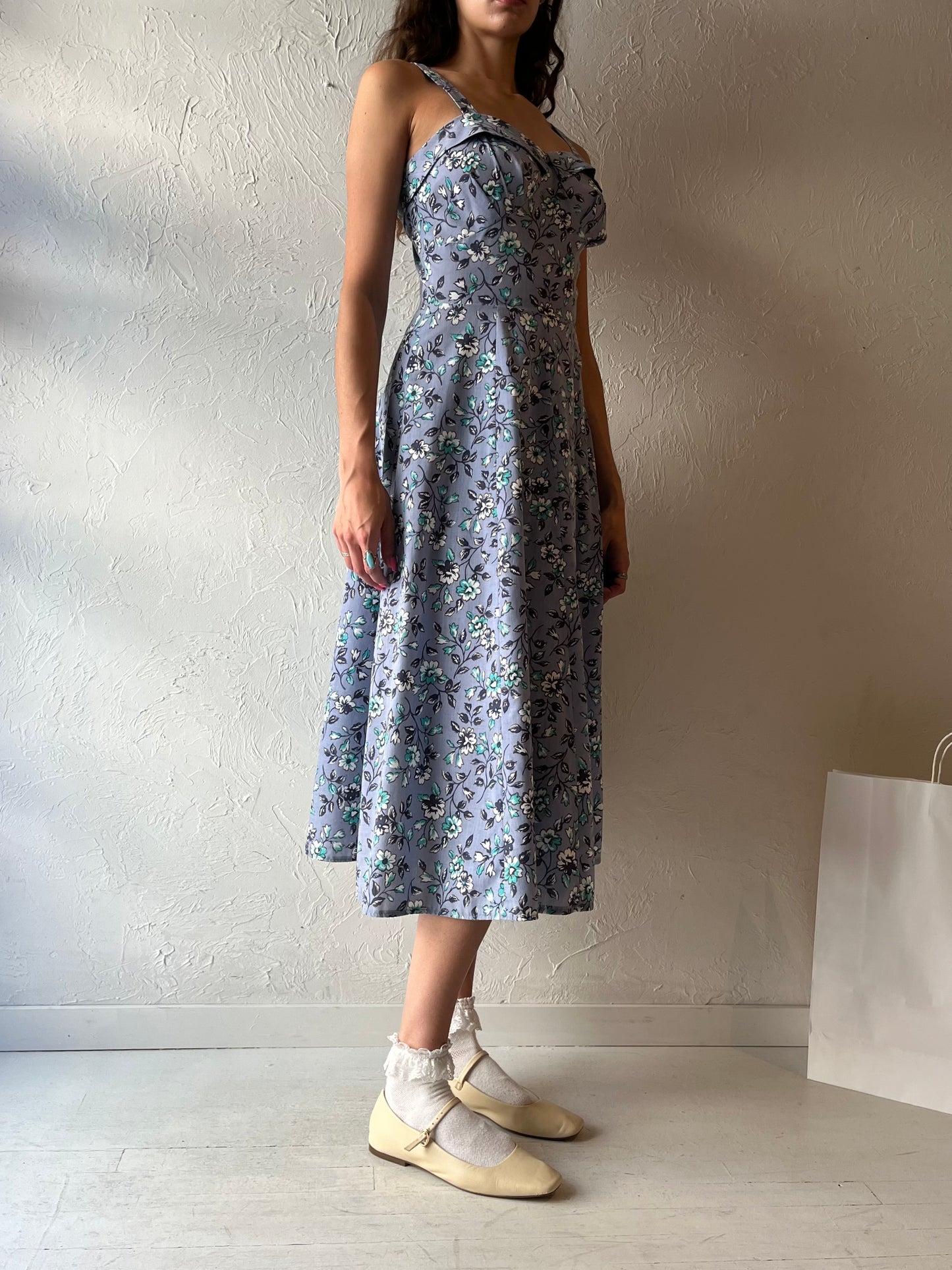 Vintage Handmade Blue Floral Print Midi Dress / Small