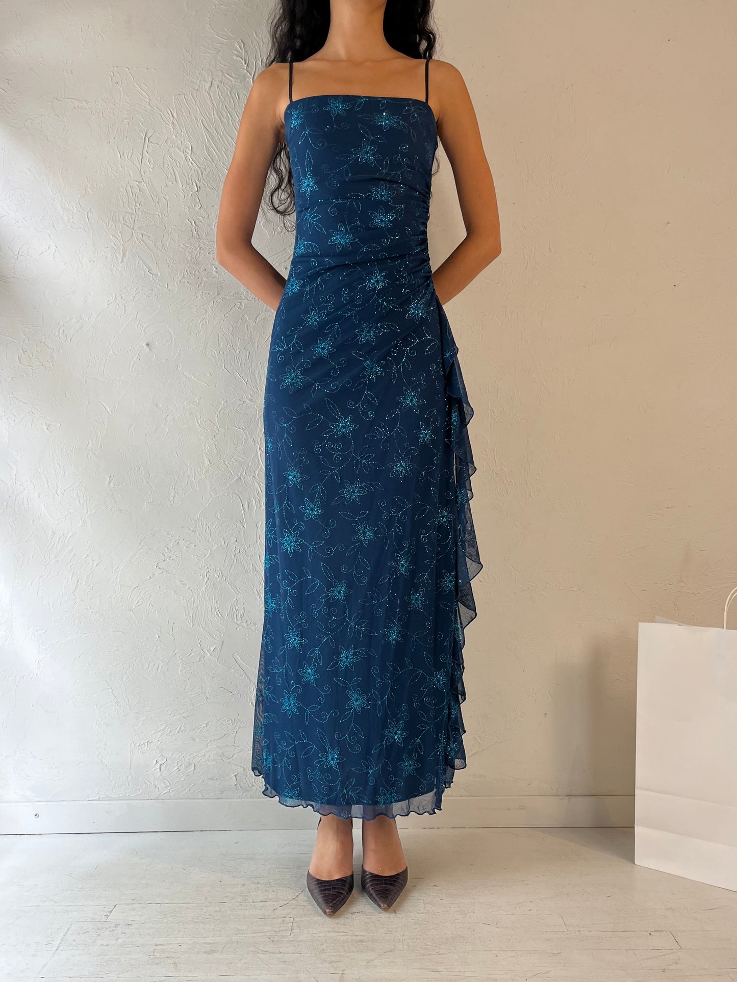 90s 'Mariposa' Blue Sparkly Dress / Small