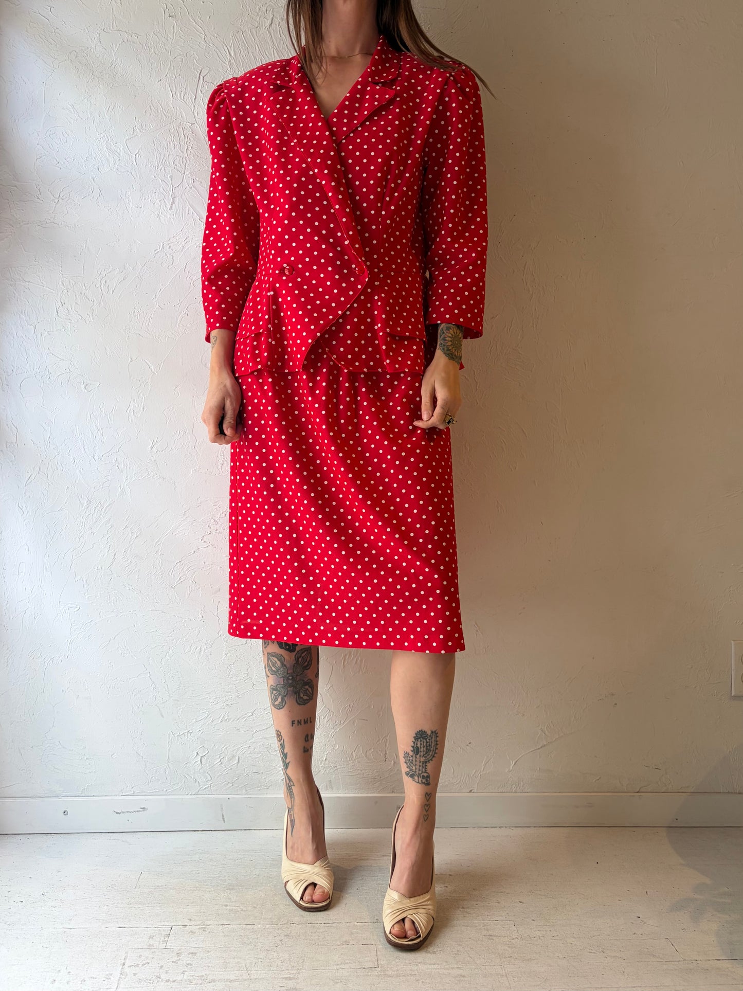 80s Red Polka Dot Skirt Blouse Set / Large