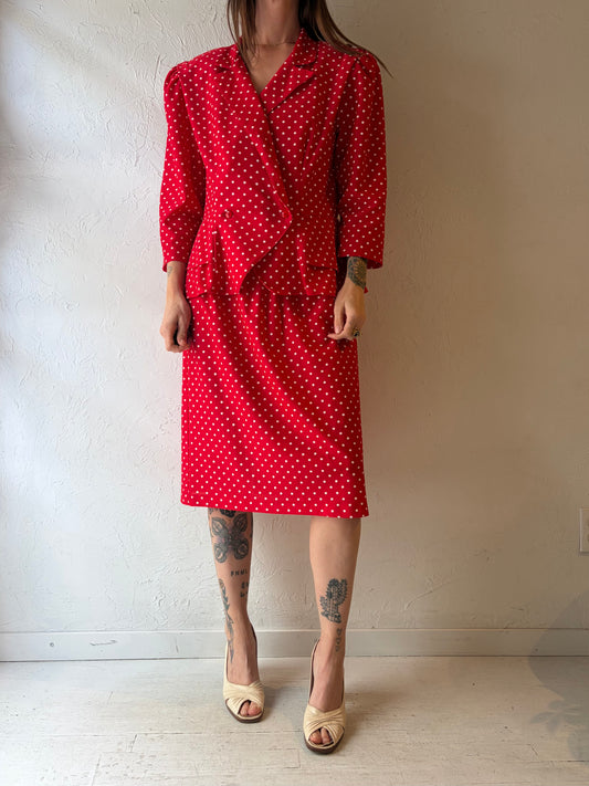 80s Red Polka Dot Skirt Blouse Set / Large