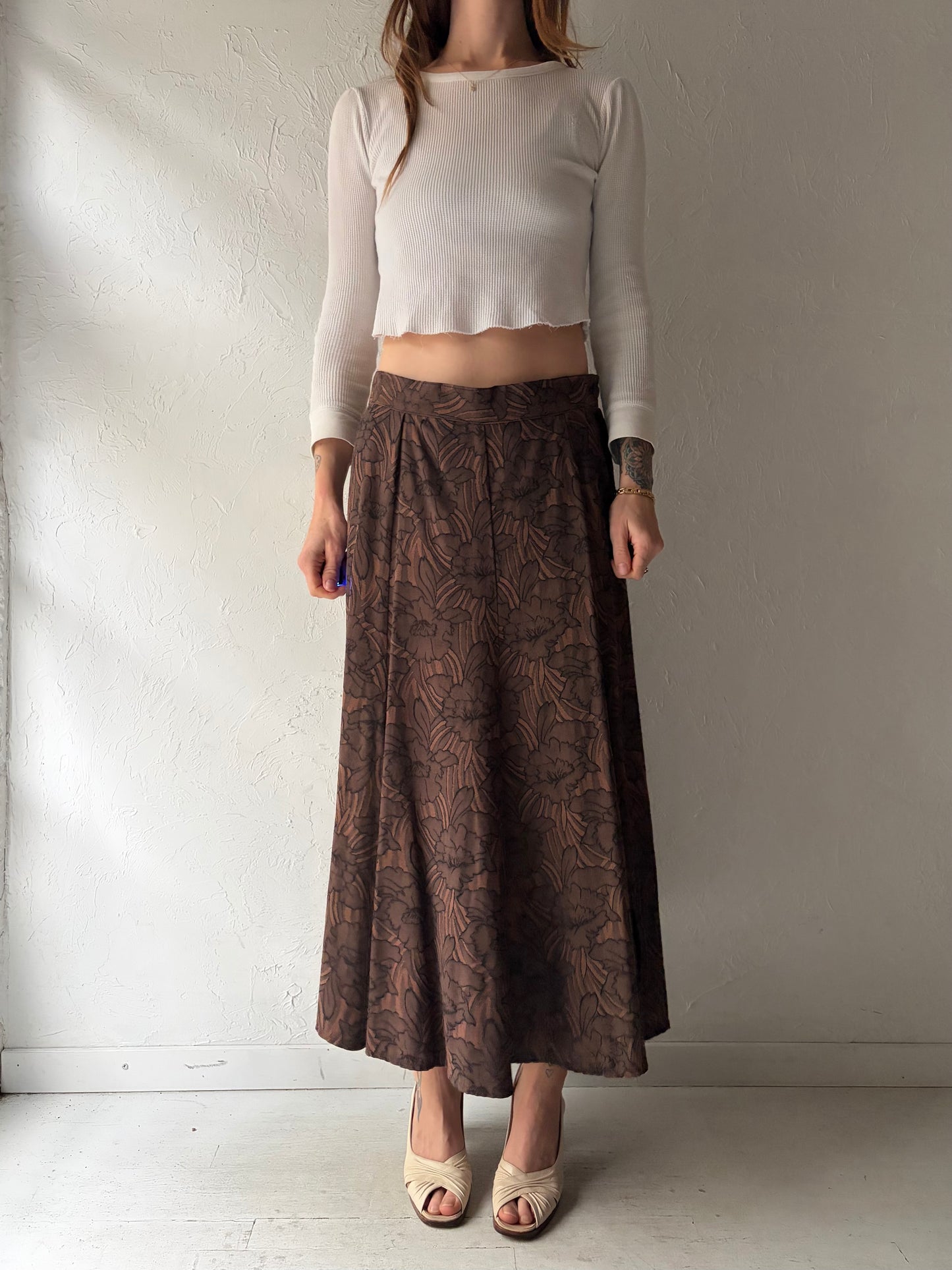 80s 'Magic Moments' Brown Floral Academia A-line Midi Spring Summer Skirt / Medium