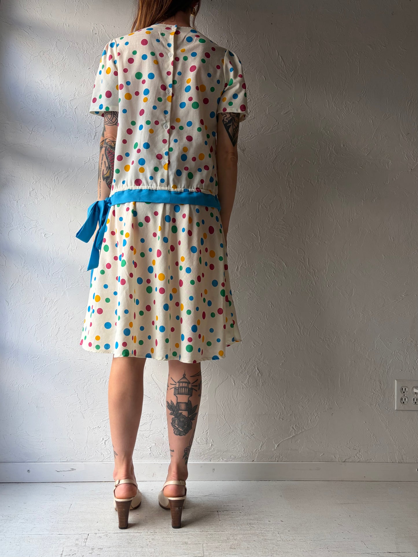 60s White Polka Dot Drop Waist Retro Dress / Medium